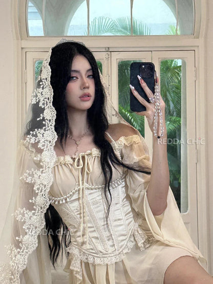 lovwvol Irregular Ruffle Ribbon Mini Chiffon Dress Women Satin Lace Patchwork Cross Desire One-piece Medieval Retro Clothes