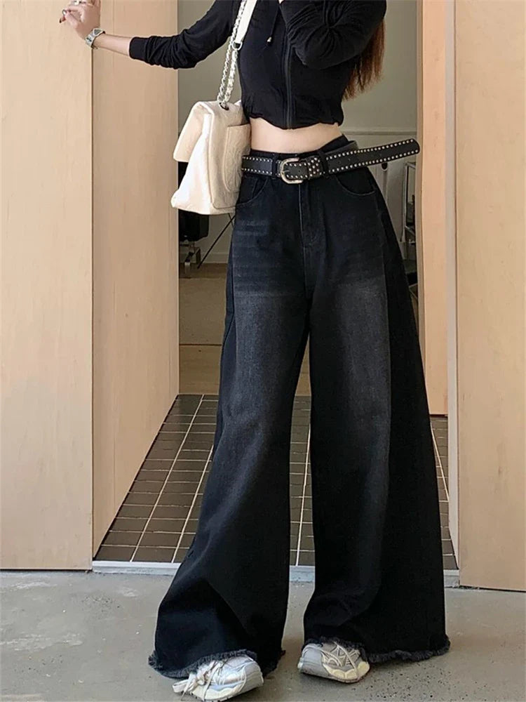 lovwvol Women's Ragged Edge Design Loose Wide Leg Jeans Summer New Cool Girl Street Bottoms Thin Pants Female Baggy Denim Trousers