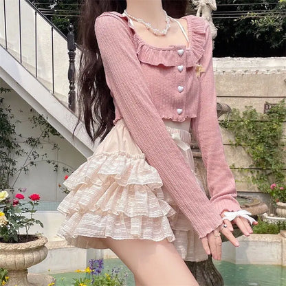 Kawaii Ruffle Skirt Women Coquette Cute Lolita High Waist A-line Bow Lace Fairycore Mesh Mini Skirt Summer Mori Girl