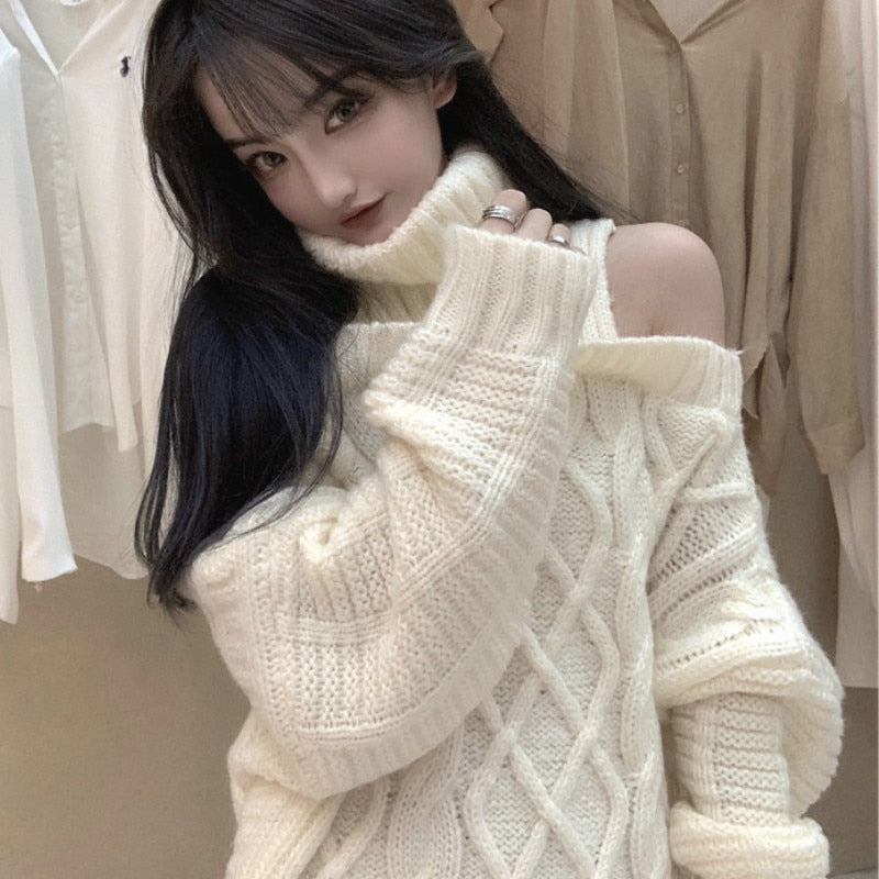 lovwvol lovwvol Autumn Winter Korean Style Women Turtleneck Knitted Sweaters Fashion Wild Knitwear Outwear Female Sexy Off Shoulder Pullovers