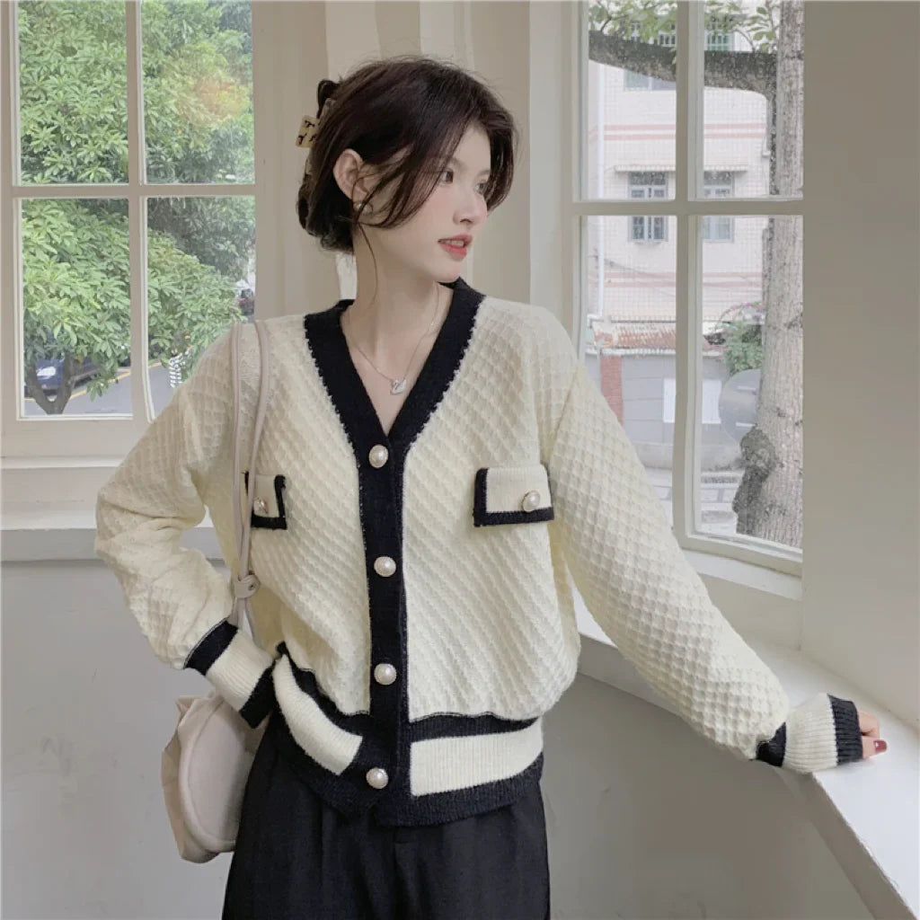 lovwvol   Korean Fashion Chic Vintage Sweater Retro Casual Lazy Sweaters For Women Knitted V-Neck Cardigans Elegant Tops Outwear