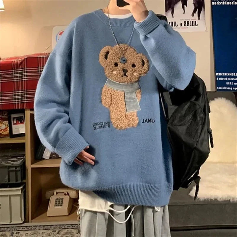 lovwvol Korean Style Cartoon Bear Print Knitted Sweater Women Kawaii Harajuku Blue Long Sleeve Oversize Jumper Female Winter