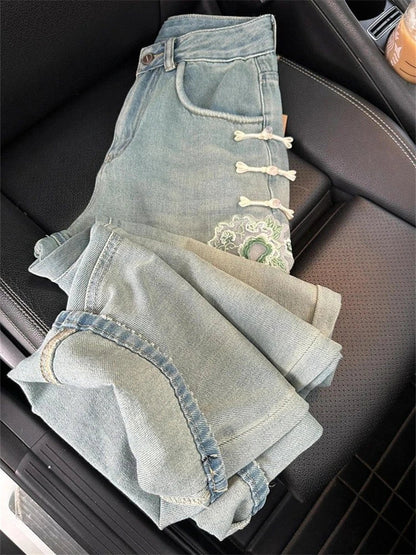 lovwvol Women's Bow Knot Buckle Design Chinese Style Jeans Streetwear Denim Trousers Vintage Female Fashion Baggy Pants Street Clothes