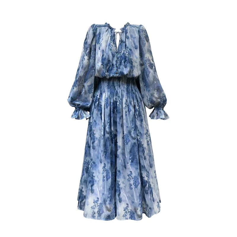 lovwvol French Vintage Long Sleeve Fairy Dress Women Slim Fashion Floral Midi Dress Beach Casual Korean Style Dresses Female 2023 Summer