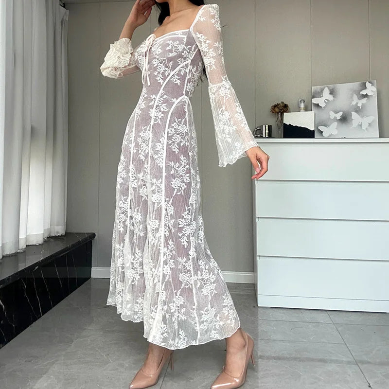 Ladies Elegant Lac-up Square Neck Print Long Sleeve Long Dress Women Sexy Autumn Sexy Lace Backless Slim Outfits