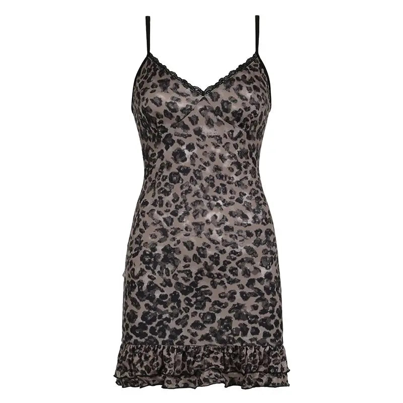 lovwvol Leopard Printed Sexy Woman Dress Slim Mini One Piece Y2k Sleeveless Vintage Dress Hotsweet Lece Short Bodycone Female