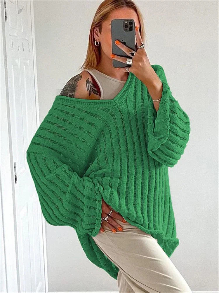 V-Neck Oversized Women's Sweater Long Sleeve Hollow Out Striped Knit Tops Winter Trend Casual Loose Pullover Sweaters