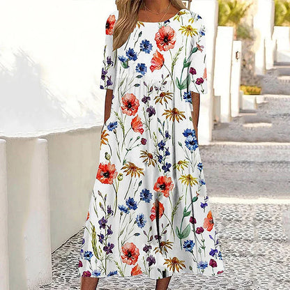 lovwvol Summer Holiday Dress Women Vintage Print Short Sleeve O Neck Pocket Casual Long Dress Boho