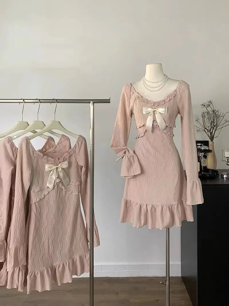 lovwvol  2024 Summer Pink Sweet Slim Y2k Mini Dress Woman French Elegant Flare Sleeve Dress Party Casual One Piece Dress Korean Fashion