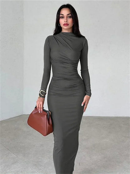 lovwvol Pleated Long sleeved Slim Maxi Dress Women Solid Fashion Elegant Party Dress Gown Off-Shoulder High Waist Bodycon Dress