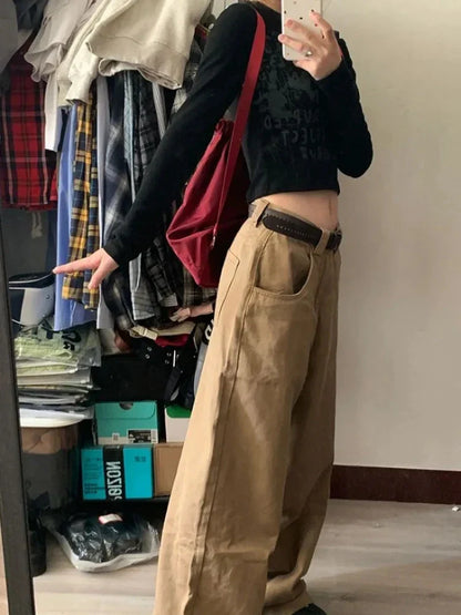 lovwvol Vintage Baggy Pants Women Y2K High Waist Loose Casual Trousers Khaki Korean Streetwear Straight Wide Leg Cargo Jeans