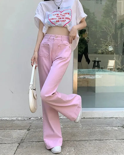 lovwvol With Pockets Pants for Woman Pink Women's Jeans High Waist Shot Flared Bell Bottom Straight Leg Flare Trousers 2000s Y2k Vibrant