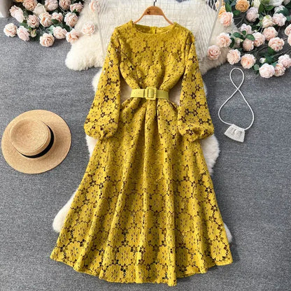 lovwvol Spring Autumn Women Hook Flower Hollow Party Long Dress Vintage Round Neck Puff Sleeve High Waist A-Line Maxi Vestidos New 2024