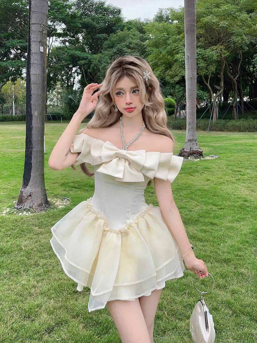 lovwvol Rhinestone Halter Bowknot Mini Dress Women Medieval Retro Off-shoulder Layered Ruffle Puffy Dress Party Princess Dress