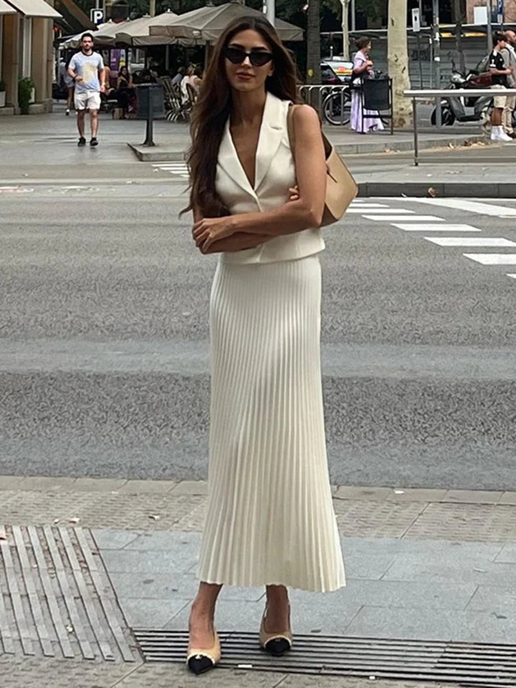 lovwvol - Folds Long Skirt Two Pieces Set Women's Notched Sleeveless Short Vest Top High Waist Solid Maxi Skirt Fashion Sets 2024