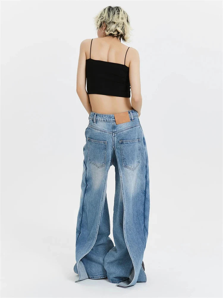 lovwvol Women's Wearable on Both Front and Back Sides Jeans High Waisted Deconstructing Banana Pants Female Loose Retro Denim Trousers