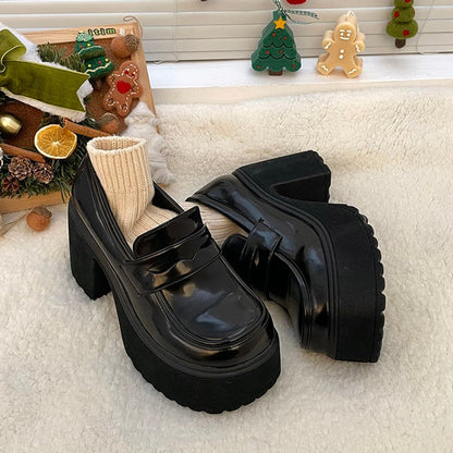 Super High Heels Loafers Women  Autumn Patent Leather Chunky Platform Pumps Woman Slip On Black Jk Uniform Shoes Mary Janes