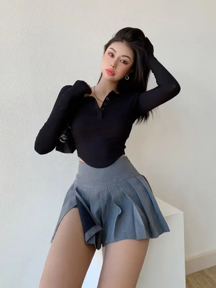 lovwvol Grey Pleated Mini Skirt Women Sexy Split Korean Style High Waist A-line Slim Micro Skirt Shorts Gyaru Summer Streetwear