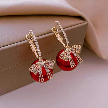 New Korean Luxury Crystal Zircon Stud Earring For Women Red Flowers Heart Pearl Bow Knot Earrings Christmas New Year Jewelry