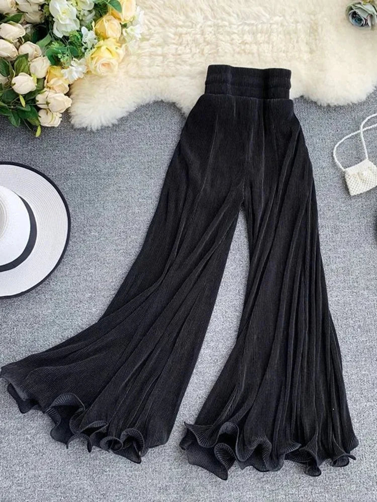 Women Flare Pants Loose Gauze Elastic High Waist Ruffle Chiffon Ladies Trousers Fashion Black White Summer Female Pants New