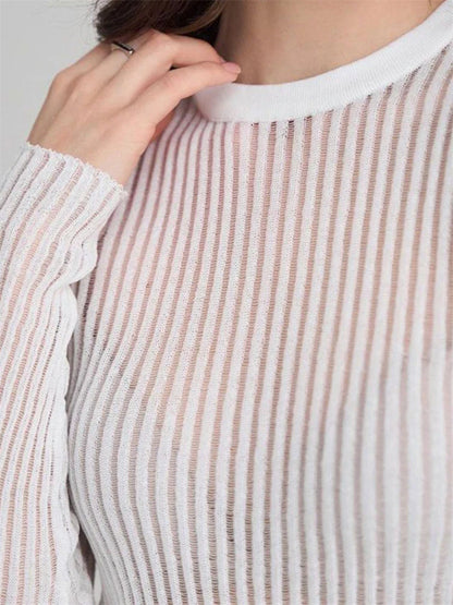 lovwvol Ribbed See-Through Knit Pullover Female Hollow Out Slim Solid Long Sleeve Top Sheer Casual Knitwear Ladies Pullover Summer