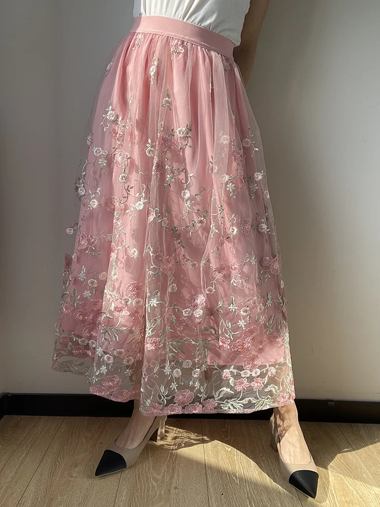 lovwvol   Bouquet Embroidered Long Skirt High Quality Pink Vintage Big Hem Floral Skirt Luxurious Fairy Style Women's Clothes