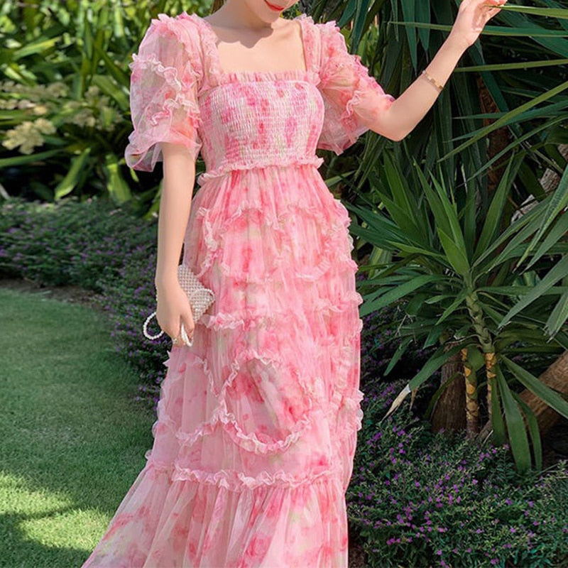 New French Floral Pink Square Collar Slim Fairy Dress Aestethic Summer Party Beach Dress Elegant Long Dresses Woman Clothes