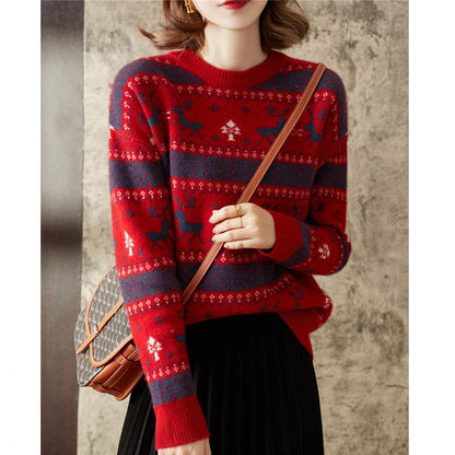 lovwvol Retro Christmas New Year Elk Jacquard Simple Round Neck Knitted Sweater Women Casual Long Sleeve Slim Pullover Top Female Jumper