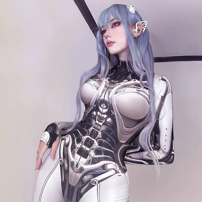 3D Printed Cosplay Bodycon Jumpsuits Y2k Techwear Long Sleeve Gothic Punk Playsuits Anime Women Mock Neck Zip Bodysuit