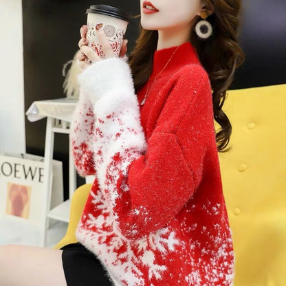 Red Christmas Loose Sweater Women New Autumn Waterproof Mink Velvet Korean Casual Long Sleeve Comfortable Knitted Top