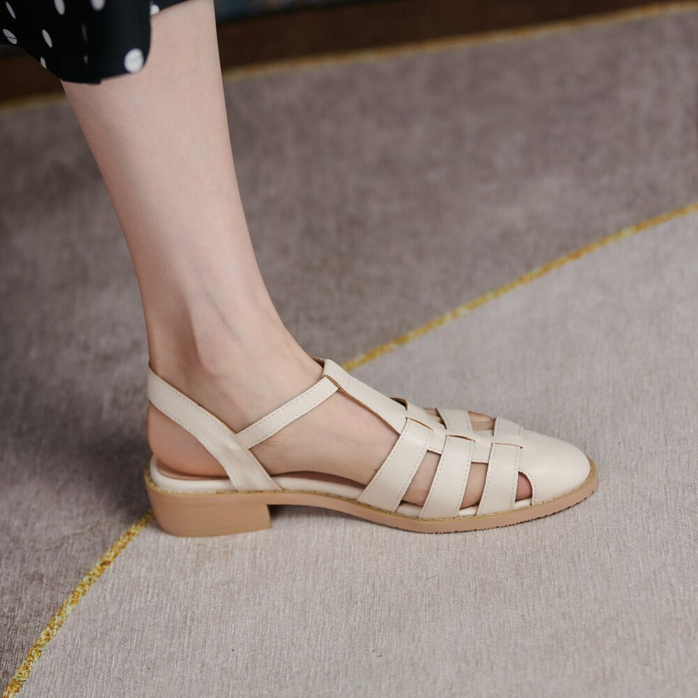 lovwvol New Women Fisherman Sandals Lady Closed Toe Front Back Buckle Strap Square Low Heels Beige Black Summer Female Shoes M148