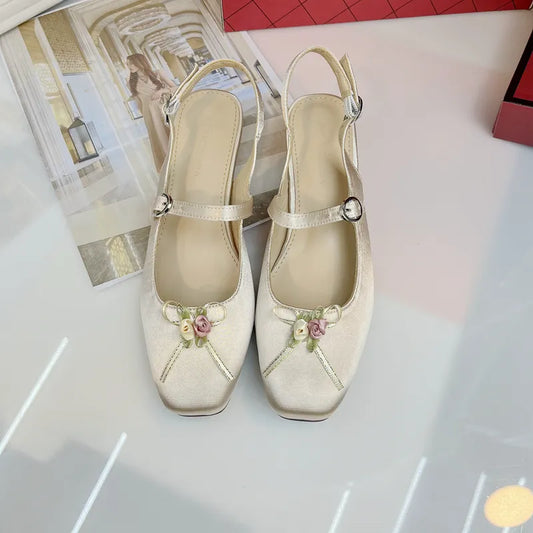 French Style Retro Silk Square Toe Mary Jane Shoes Spring Summer Rose Flower Bow Low Heel Sandal Women Low Heel Party Pumps