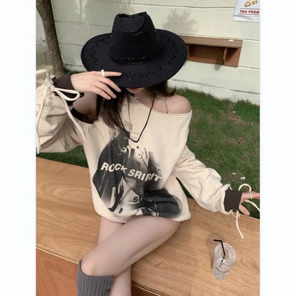 lovwvol Vintage Sweatshirt Y2k Aesthetic Off The Shoulder Harajuku Hip Hop Grunge Pullover Choker Graphic Hoodies Oversized