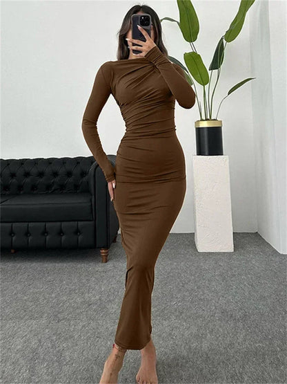 lovwvol Pleated Long sleeved Slim Maxi Dress Women Solid Fashion Elegant Party Dress Gown Off-Shoulder High Waist Bodycon Dress