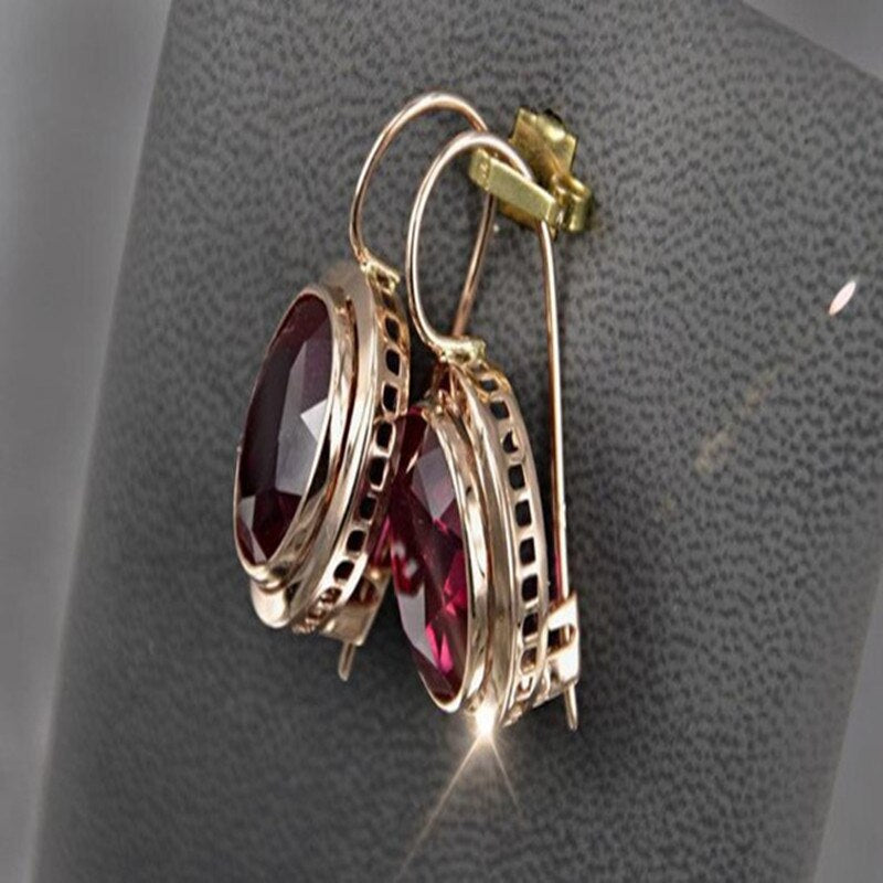 Trendy Gold Color Red Stones Zircon Earrings for Women Exquisite Metal Hollow Drop Dangle Earrings Wedding Jewelry