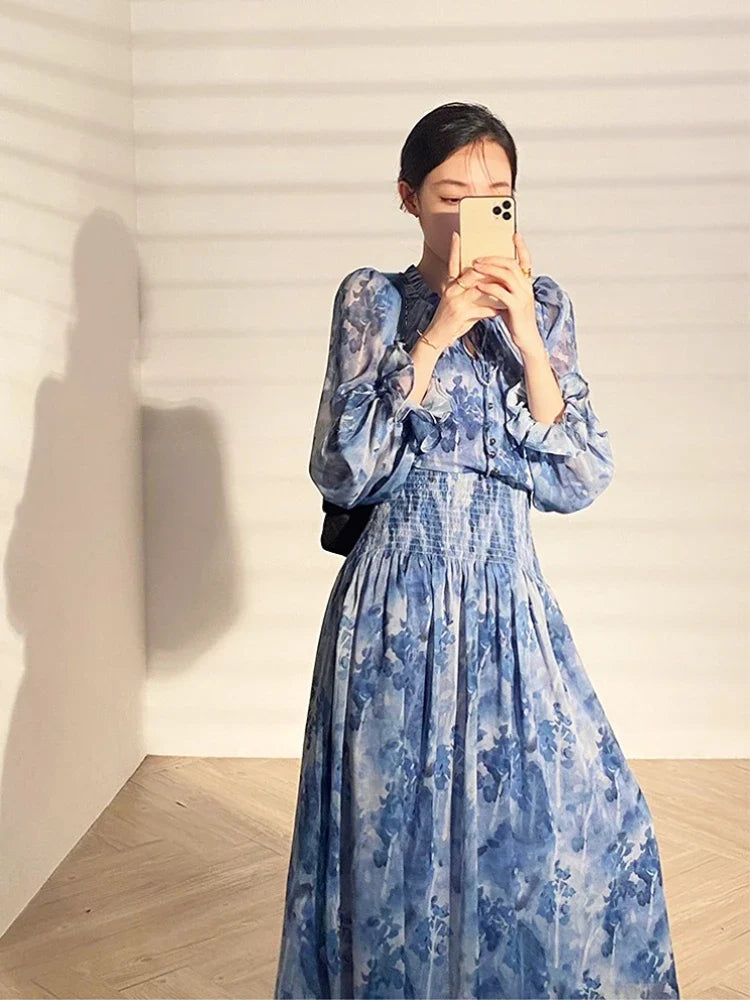 lovwvol French Vintage Long Sleeve Fairy Dress Women Slim Fashion Floral Midi Dress Beach Casual Korean Style Dresses Female 2023 Summer