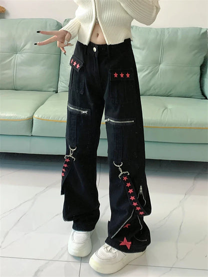 lovwvol Women's Metal Decoration Splicing Star Print Denim Trousers American Street Style Jeans Casual Female High Waist Straight Pants