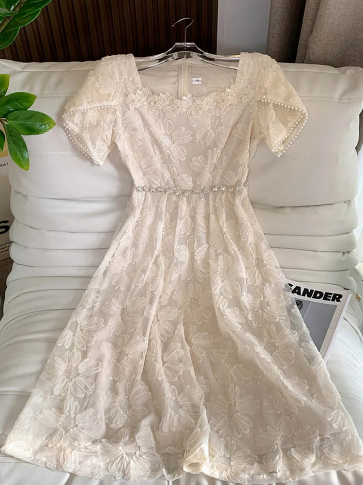 lovwvol New French Elegant Embroidery Short-Sleeved Summer Dress Women Fashion Luxury Diamond Beads Hollow Floral Dress