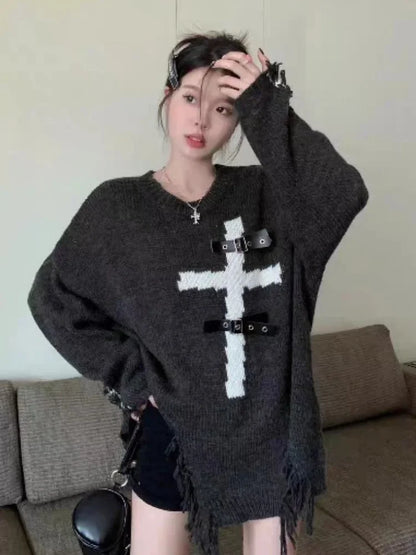 lovwvol  -  Gothic Black Sweater Women Ripped Cross Print Aesthetic Grunge Top Casual Loose Streetwear Pullover Y2k Streetwear Sueter Jumper