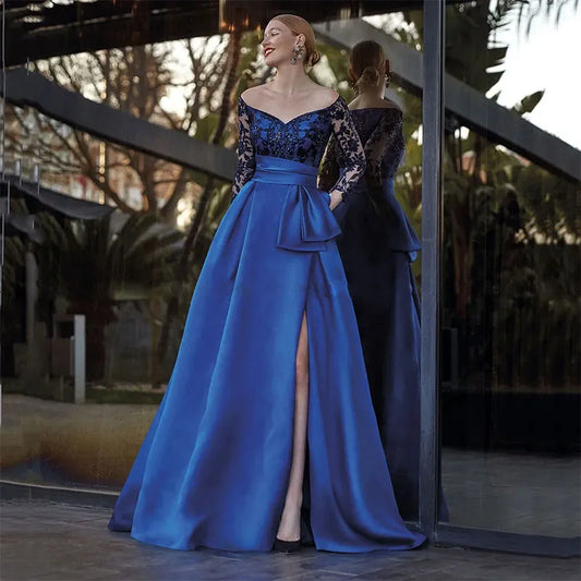 Classy Royal Blue Mother of the Bride Dresses Long Sleeve Satin A-Line Wedding Guest Sequin Appliques Prom Gown