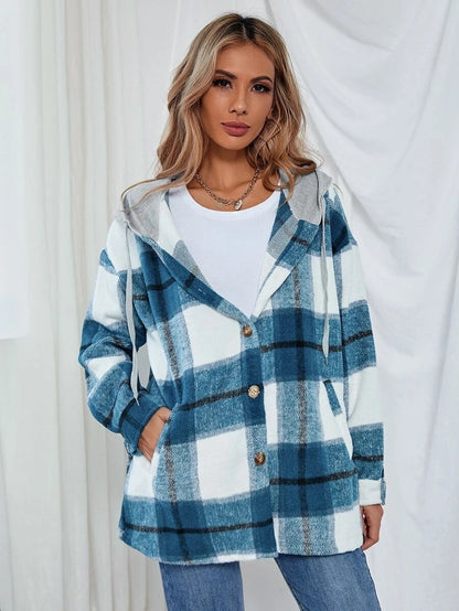 lovwvol     Vintage Plaid Jacket Womens Wool Blend Coats Hoodies Streetwear Flannel Hooded Woolen Za Woman Overshirt Oversized Shirts