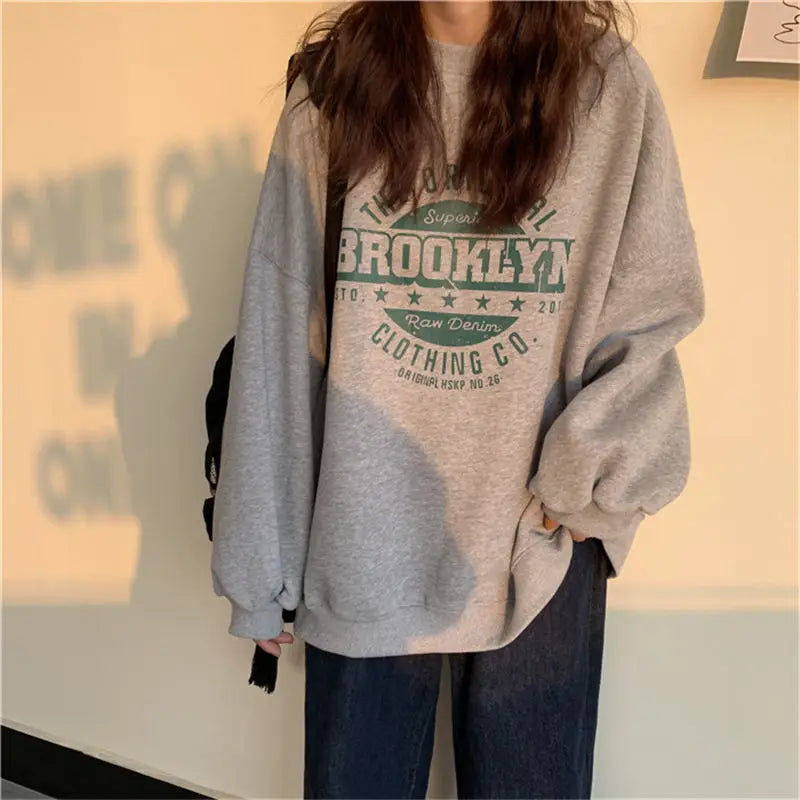 Harajuku Gray Sweatshirts Women Hip Hop Letter Print Hoodies Oversized Loose Crewneck Pullover Tops Korean Streetwear