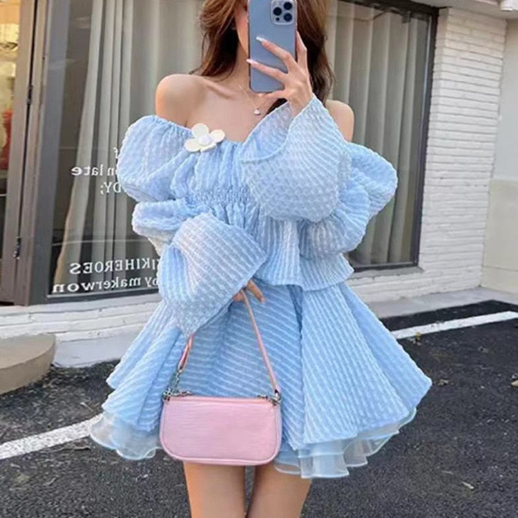 New Summer Korean Sweet Two Piece Set Women Short Shirt Blouse Crop Top + Mesh Cake Skirt Suits Fashion Fairy 2 Piece Suits