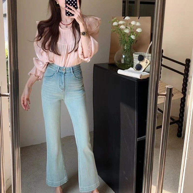 lovwvol Women's Wide Edged Micro Flared Jeans Young Girl ankle-length Denim Trousers Vintage Bottoms Female High Waisted Cropped Pants