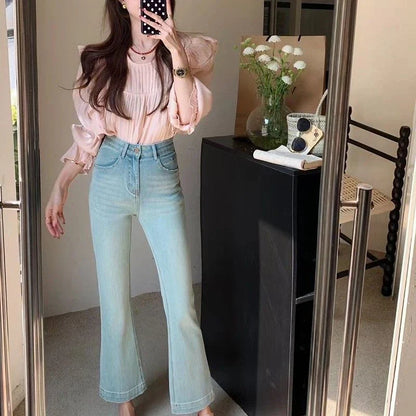 lovwvol Women's Wide Edged Micro Flared Jeans Young Girl ankle-length Denim Trousers Vintage Bottoms Female High Waisted Cropped Pants