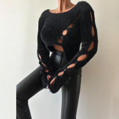 Sweater Women's Autumn New Style Millennial Hot Girl Pure Desire Short Irregular Hollow Knitted Sweater Loophole Top