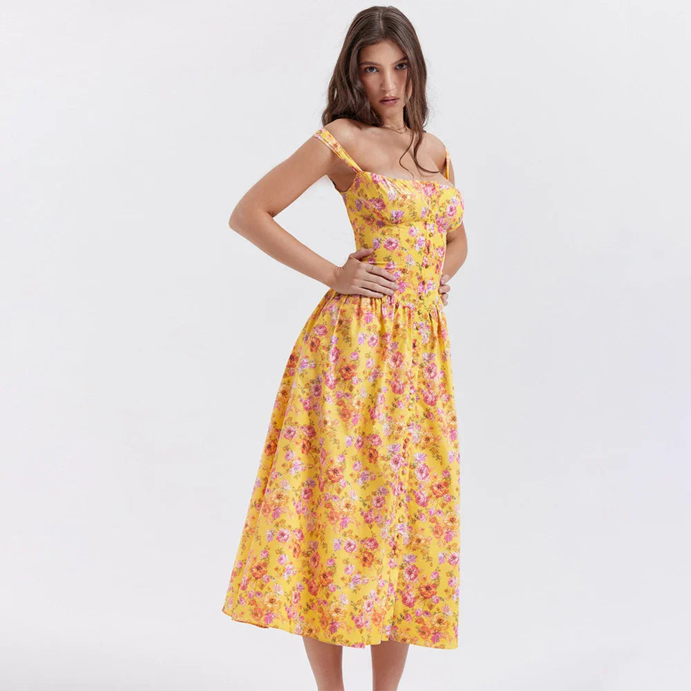 lovwvol Summer Elegant Floral Print Midi Holiday Dress with Pocket Yellow Back Lace Up Party Dresses Casual Women Dress