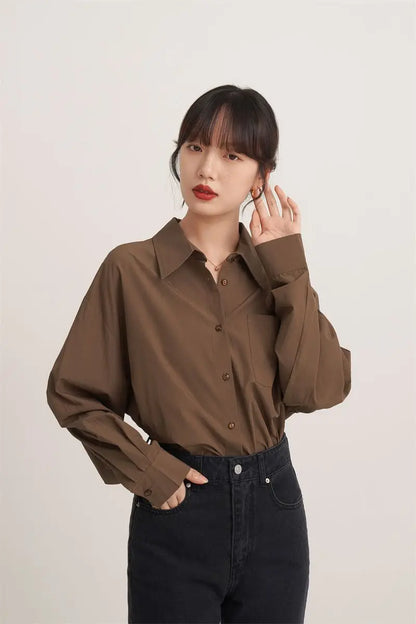 lovwvol Vintage Brown Shirts Women Blouses Office Wear Long Sleeve Elegant Ladies Casual Korean Fashion Loose Autumn Shirts