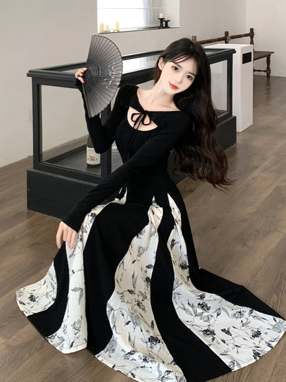 lovwvol Vintage Knitted Patchwork Floral Dress Irregular Design Sense Hepburn Wind Sweet Fashion Slim Summer New Black Long Dresses