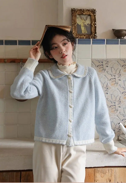 lovwvol Milk Blue Horn Button Cardigan Women Winter Temperament Sweater New Loose Lazy Gentle Doll Collar Knitwears Coat